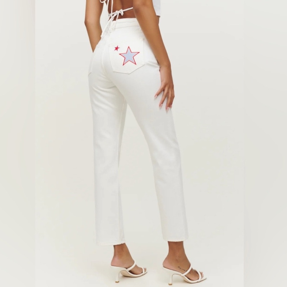 Reformation Cream Star Embroidered
Button Fly Jeans NWT Size 23